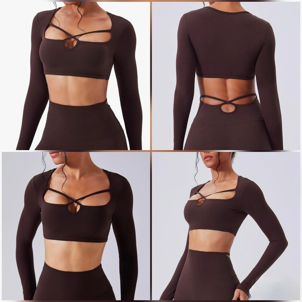💬🩵🅰️NWOT Brown Crisscross Cropped Long Sleeve Top Large - Picture 5 of 16